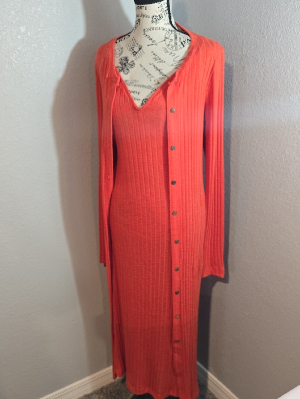 FREE PEOPLE BEACH 2 PIECE Rib-Knit Long Button Cardigan & Dress - Coral